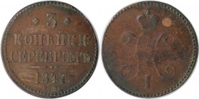 Russische Münzen und Medaillen, Nikolaus I. (1826-1855). 3 Kopeken 1847 SM, Kupfer. Sehr schön+