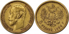 Russische Münzen und Medaillen, Nikolaus II (1894-1918). 5 Rubel 1899 FZ, Gold. 4.28 g. 0.12 OZ. KM 62. Sehr schön