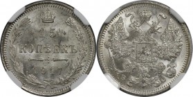 Russische Münzen und Medaillen, Nikolaus II (1894-1918). 15 Kopeken 1917 BC, Silber. NGC MS-64