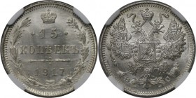 Russische Münzen und Medaillen, Nikolaus II (1894-1918). 15 Kopeken 1917 BC, Silber. NGC MS-66