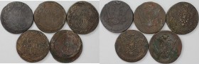Russische Münzen und Medaillen, Lots und Samllungen Russische Münzen und Medaillen. 5 x 5 Kopeken 1766 - 1777 EM, Lot von 5 münzen. Kupfer. Schön-sehr...