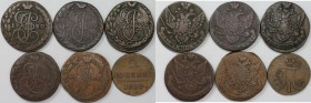 Russische Münzen und Medaillen, Lots und Samllungen Russische Münzen und Medaillen. 5 x 5 Kopeken 1767-1796 EM, 2 Kopeken 1800 EM, Lot von 6 münzen. K...