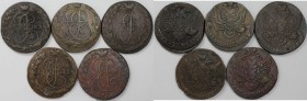 Russische Münzen und Medaillen, Lots und Samllungen Russische Münzen und Medaillen. 5 x 5 Kopeken 1772 - 1791 EM, Lot von 5 münzen. Kupfer. Sehr schön...
