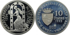 Weltmünzen und Medaillen, Andorra. Beitritt zum Europarat. 10 Diners 1995, Silber. 0.93 OZ. KM 108. Polierte Platte
