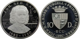 Weltmünzen und Medaillen, Andorra. Johan Sebastian Bach. 10 Diners 1997, Silber. 0.94 OZ. KM 132. Polierte Platte