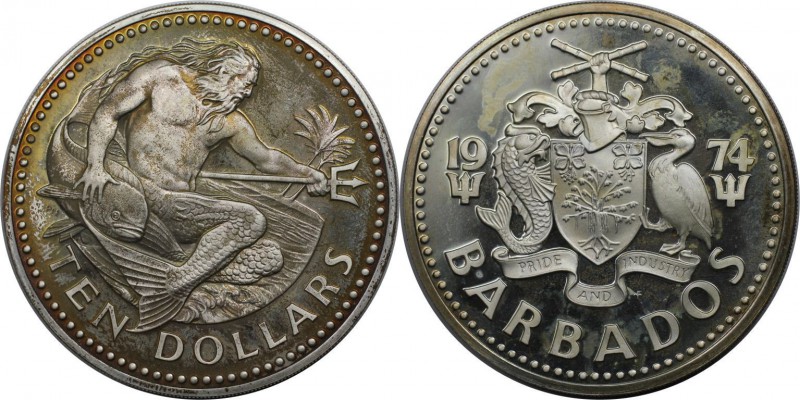 Weltmünzen und Medaillen, Barbados. Neptun. 10 Dollars 1974, Silber. 1.13 OZ. KM...