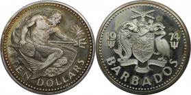 Weltmünzen und Medaillen, Barbados. Neptun. 10 Dollars 1974, Silber. 1.13 OZ. KM 17a. Stempelglanz