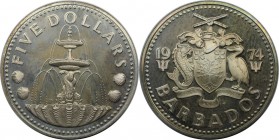 Weltmünzen und Medaillen, Barbados. Shell-Brunnen Bridgetowns Trafalgar Square. 5 Dollars 1974, 0.80 OZ. Silber. KM 16a. Stempelglanz