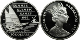 Weltmünzen und Medaillen, Barbados. "Olympia Barcelona 1992 - Seglboote". 10 Dollars 1992, Silber. 0.7 OZ. KM 61. Polierte Platte