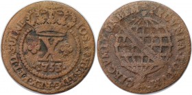 Weltmünzen und Medaillen, Brasilien / Brazil. 10 Reis 1753, Kupfer. KM 174.1. Schön-sehr schön