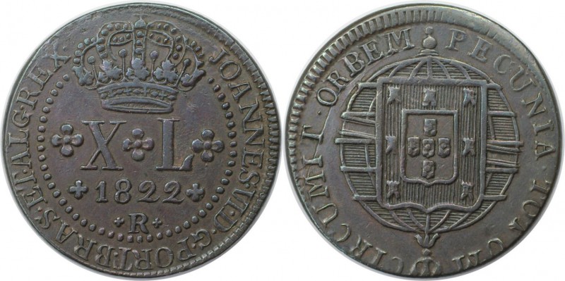 Weltmünzen und Medaillen, Brasilien / Brazil. 40 Reis 1822 R, Kupfer. KM 319.1. ...