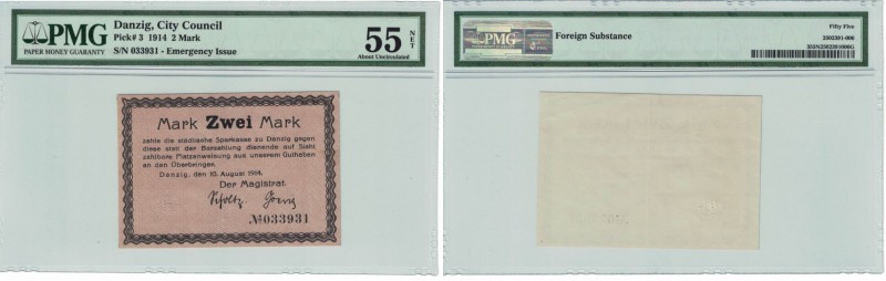 Banknoten, Danzig. City Council. S/N 033931 - Emergency Issue. 2 Mark 1914. Pick...
