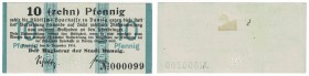 Banknoten, Danzig. 10 Pfennig 1916. Ser. # 000099. Pick 5. UNC
