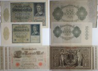 Banknoten, Deutschland / Germany, Lots und Sammlungen. Reichsbanknote. 3 x 1000 Mark, 2 x 10 000 Mark. Pick 44, 71, Lot von 5 Banknoten 1910-22. UNZ, ...
