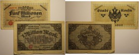 Banknoten, Deutschland / Germany, Lots und Sammlungen. Notgeld Köln, Inflation. 1 Million Mark, 5 Millionen Mark. Lot von 2 Banknoten 1923. II-III