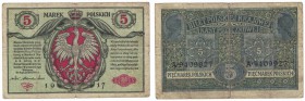 Banknoten, Polen / Poland. Deutsche Besetzung von Polen während des Ersten Weltkriegs. 5 Marek 1917. Pick 10. IV