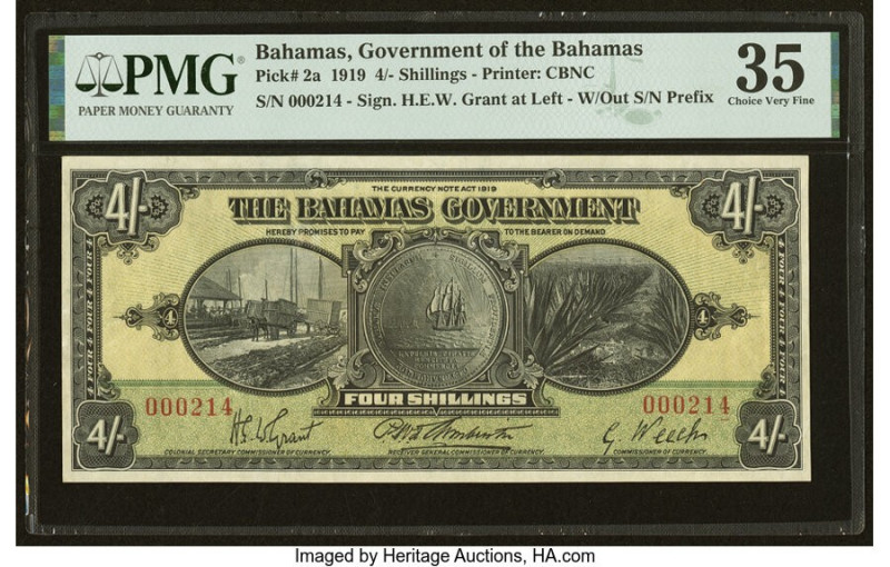 Low Serial Number 214 Bahamas Bahamas Government 4 Shillings 1919 Pick 2a PMG Ch...