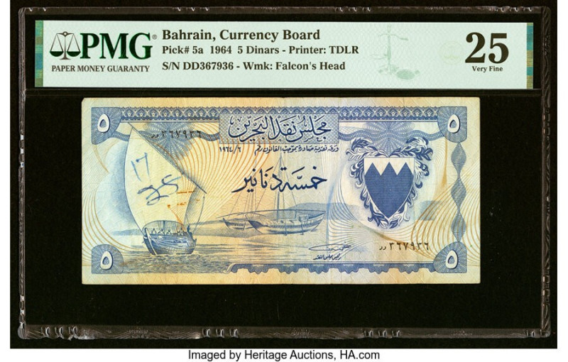 Bahrain Currency Board 5 Dinars 1964 Pick 5a PMG Very Fine 25. Annotations and r...