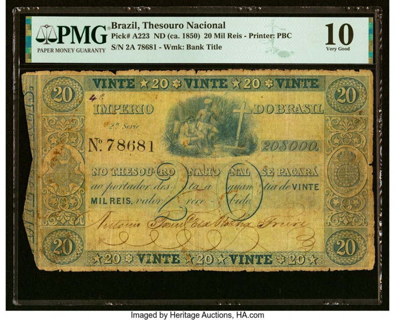 Brazil Thesouro Nacional 20 Mil Reis ND (ca. 1850) Pick A223 PMG Very Good 10. H...