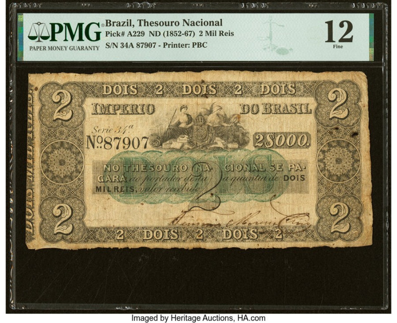 Brazil Thesouro Nacional 2 Mil Reis ND (1852-67) Pick A229 PMG Fine 12. HID09801...
