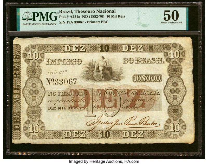 Brazil Thesouro Nacional 10 Mil Reis ND (1852-70) Pick A231a PMG About Uncircula...