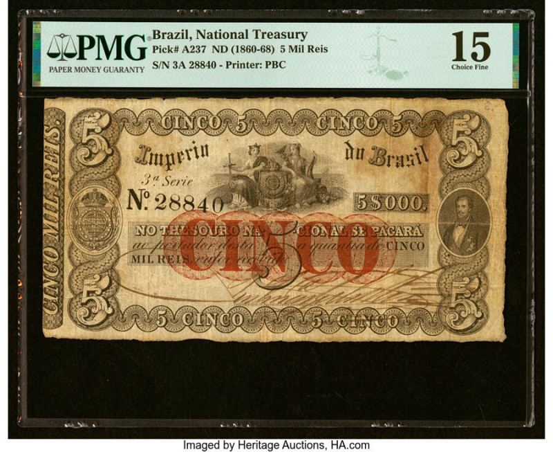 Brazil Thesouro Nacional 5 Mil Reis ND (1860-68) Pick A237 PMG Choice Fine 15. P...
