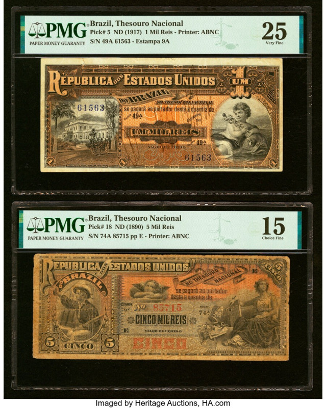 Brazil Thesouro Nacional 1; 5 Mil Reis ND (1917); (1890) Pick 5; 18 Two Examples...