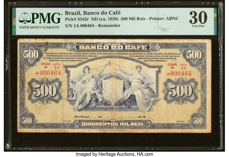 Brazil Banco do Café 500 Mil Reis ND (1890) Pick S542r Remainder PMG Very Fine 3...