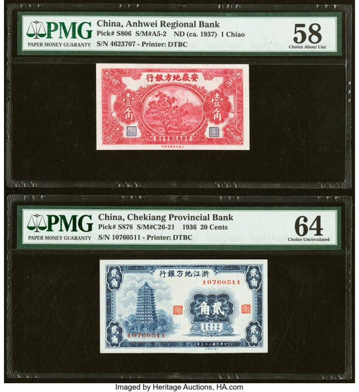 China Anhwei Regional Bank 1 Chiao ND (ca. 1937) Pick S806 S/M#A5-2 PMG Choice A...