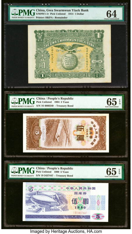 China Gwa Swarmwun Yiack Bank 1 Dollar 1914 Pick UNL PMG Choice Uncirculated 64;...