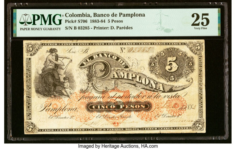 Colombia Banco de Pamplona 5 Pesos 1883 Pick S706 PMG Very Fine 25. HID098012420...