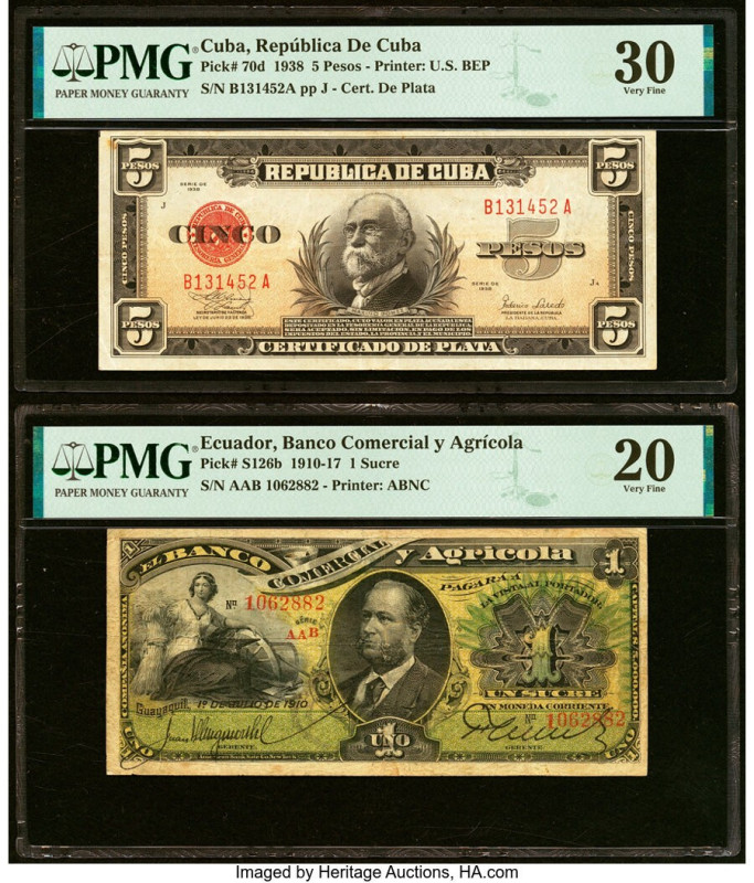 Cuba Republica de Cuba 5 Pesos 1938 Pick 70d PMG Very Fine 30; Ecuador Banco Com...