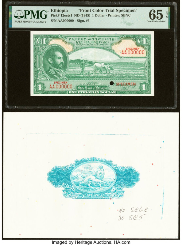 Ethiopia State Bank of Ethiopia 1 Dollar ND (1945) Pick 12ccts1 Color Trial Spec...