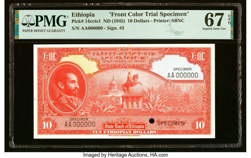 Ethiopia State Bank of Ethiopia 10 Dollars ND (1945) Pick 14ccts1 Front Color Tr...