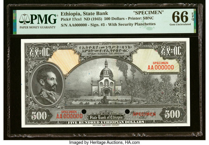Ethiopia State Bank of Ethiopia 500 Dollars ND (1945) Pick 17cs1 Specimen PMG Ge...