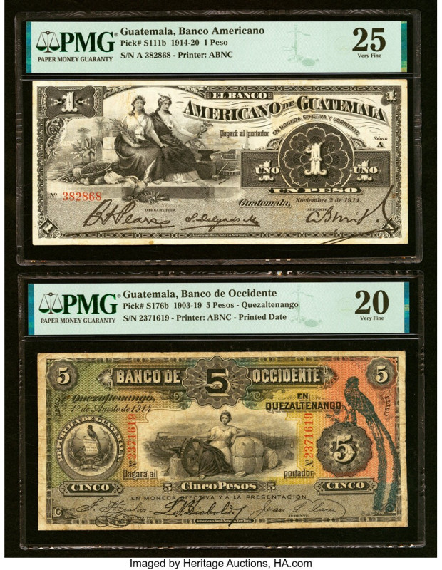 Guatemala Banco Americano de Guatemala; Banco de Occidente 1; 5 Pesos 2.11.1914;...