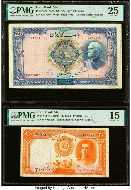 Iran Bank Melli 500; 20 Rials ND (1938) / AH1317 Pick 37a; 41 Two Examples PMG V...
