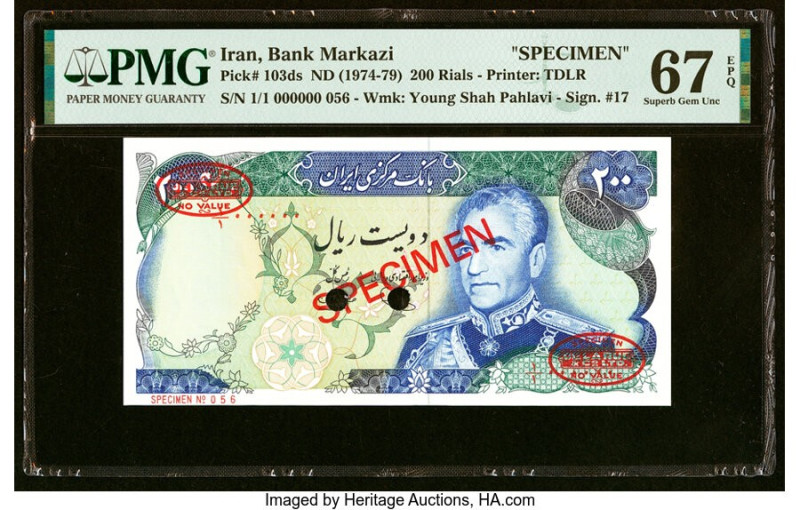 Iran Bank Markazi 200 Rials ND (1974-79) Pick 103ds Specimen PMG Superb Gem Unc ...