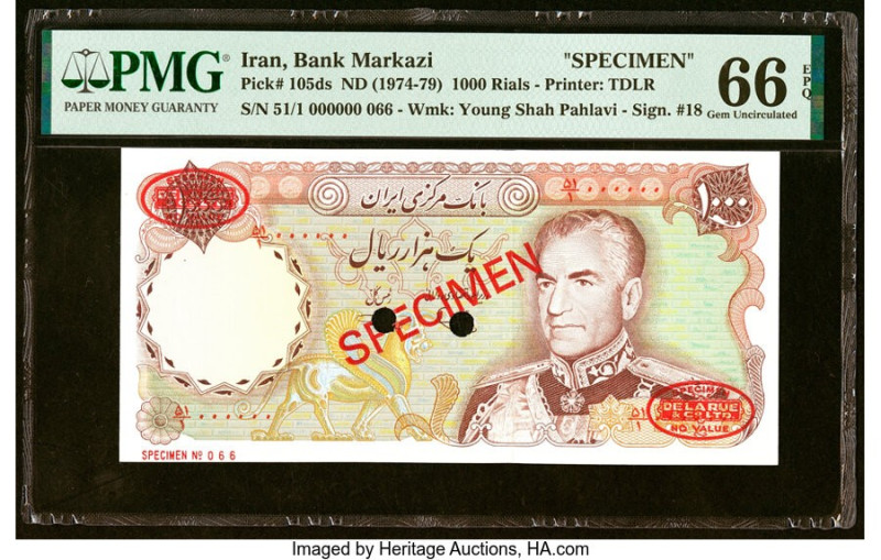 Iran Bank Markazi 1000 Rials ND (1974-79) Pick 105ds Specimen PMG Gem Uncirculat...