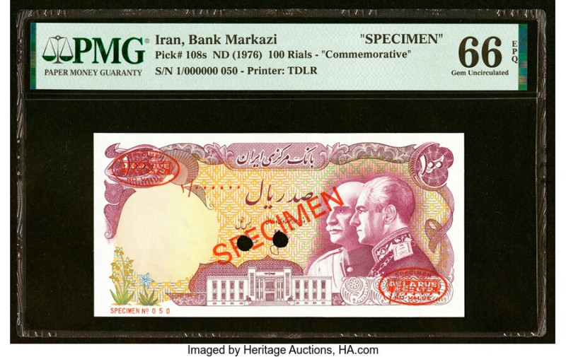 Iran Bank Markazi 100 Rials ND (1976) Pick 108s Commemorative Specimen PMG Gem U...