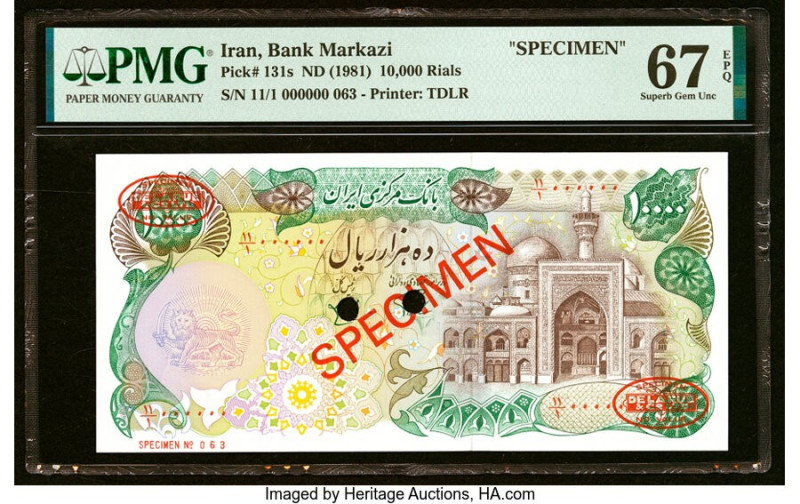 Iran Bank Markazi 10,000 Rials ND (1981) Pick 131s Specimen PMG Superb Gem Unc 6...