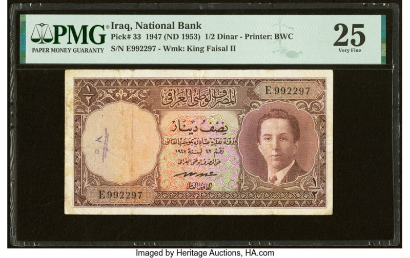 Iraq National Bank of Iraq 1/2 Dinar 1947 (ND 1953) Pick 33 PMG Very Fine 25. An...