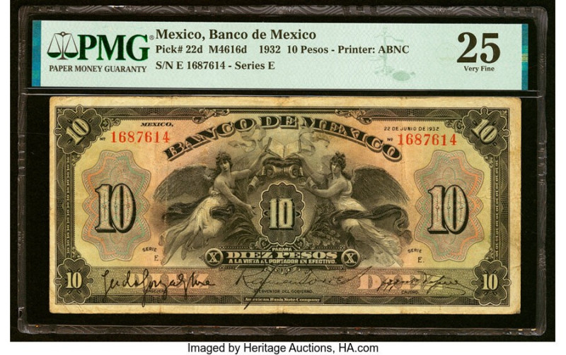 Mexico Banco de Mexico 10 Pesos 22.6.1932 Pick 22d PMG Very Fine 25. HID09801242...