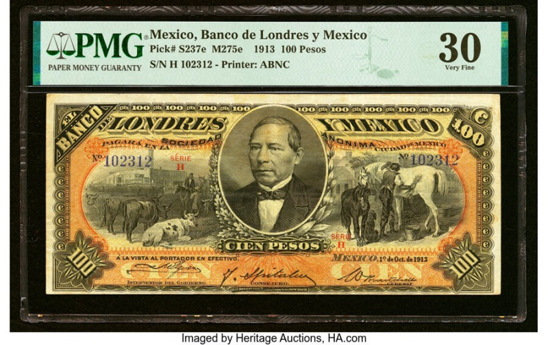 Mexico Banco de Londres y Mexico 100 Pesos 1.10.1913 Pick S237e M275e PMG Very F...