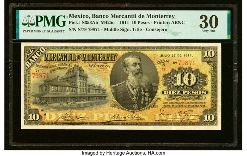 Mexico Banco Mercantil de Monterrey 10 Pesos 27.7.1911 Pick S353Ab M425c PMG Ver...
