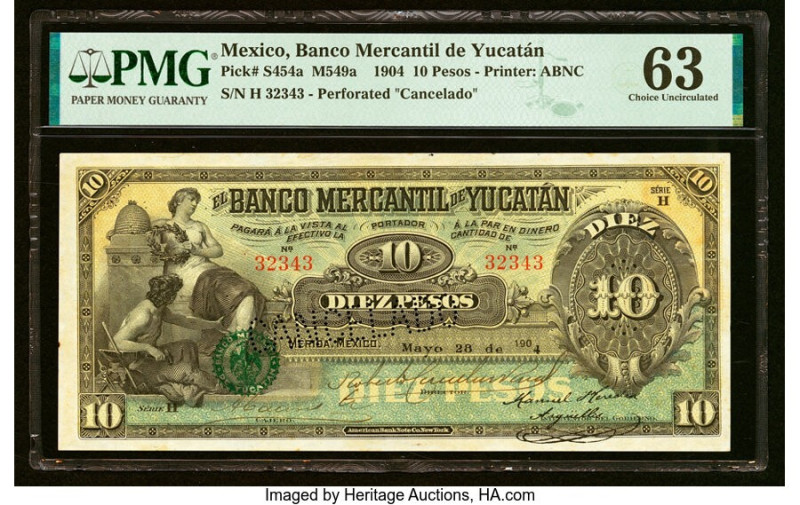 Mexico Mercantil de Yucatan 10 Pesos 28.5.1904 Pick S454a M549a PMG Choice Uncir...