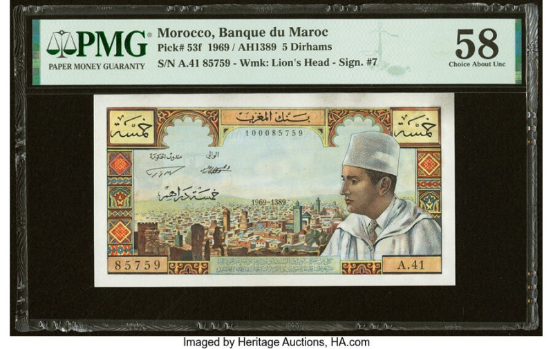 Morocco Banque du Maroc 5 Dirhams 1969 / AH1389 Pick 53f PMG Choice About Unc 58...