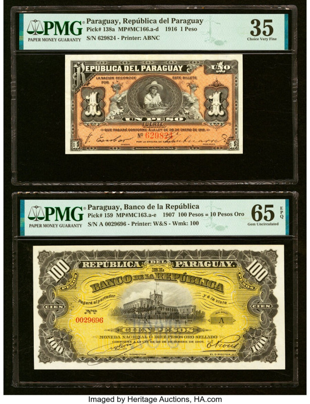 Paraguay Republica del Paraguay 1 Peso; 100 Pesos = 10 Pesos Oro 28.1.1916; 26.1...