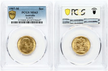 Australia. Edward VII (1901-1910). Sovereign 1907 M, Melbourne mint. Letter M above date. Gold 7.98 g. KM 15; S-3971. PCGS MS 63.