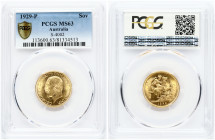 Australia. George V (1910-1936). Sovereign 1929 P, Perth mint. Letter P above date. Gold 7.98 g. KM 32. S-4002. PCGS MS 63